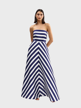 Elegant Audrey gown featuring a royal stripe pattern, showcasing a sophisticated design and luxurious fabric.