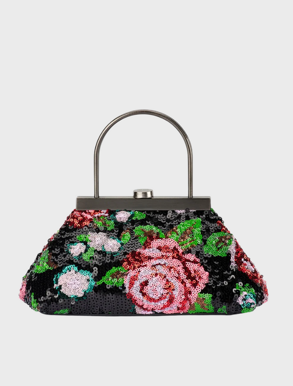 A black and pink floral bag featuring a stylish metal handle, perfect for casual outings or special occasions.