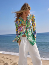 Audrey Tunic in Armeria Patchwork design, featuring a colorful, mixed fabric pattern for a stylish, modern look.