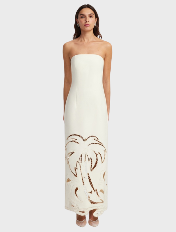  Elegant vanilla maxi dress featuring an appliqué bustier design, perfect for formal occasions or summer events.