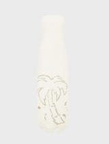 Elegant Ava Appliqué Bustier Maxi Dress in Vanilla, showcasing a structured bustier top and a long, flowing skirt.