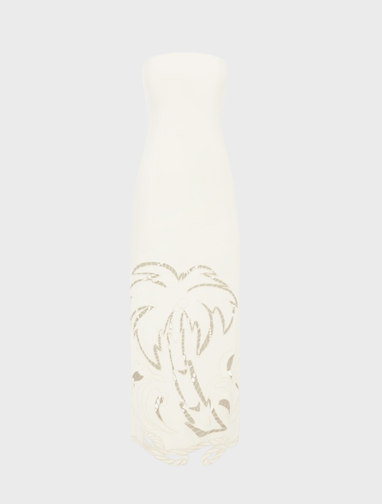 Elegant Ava Appliqué Bustier Maxi Dress in Vanilla, showcasing a structured bustier top and a long, flowing skirt.