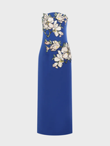 Ava Appliqué Floral Bustier Maxi Dress in midnight blue, featuring floral designs and a fitted bustier style.