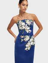 Beautiful midnight maxi dress with a floral appliqué bustier, perfect for formal occasions and evening wear.