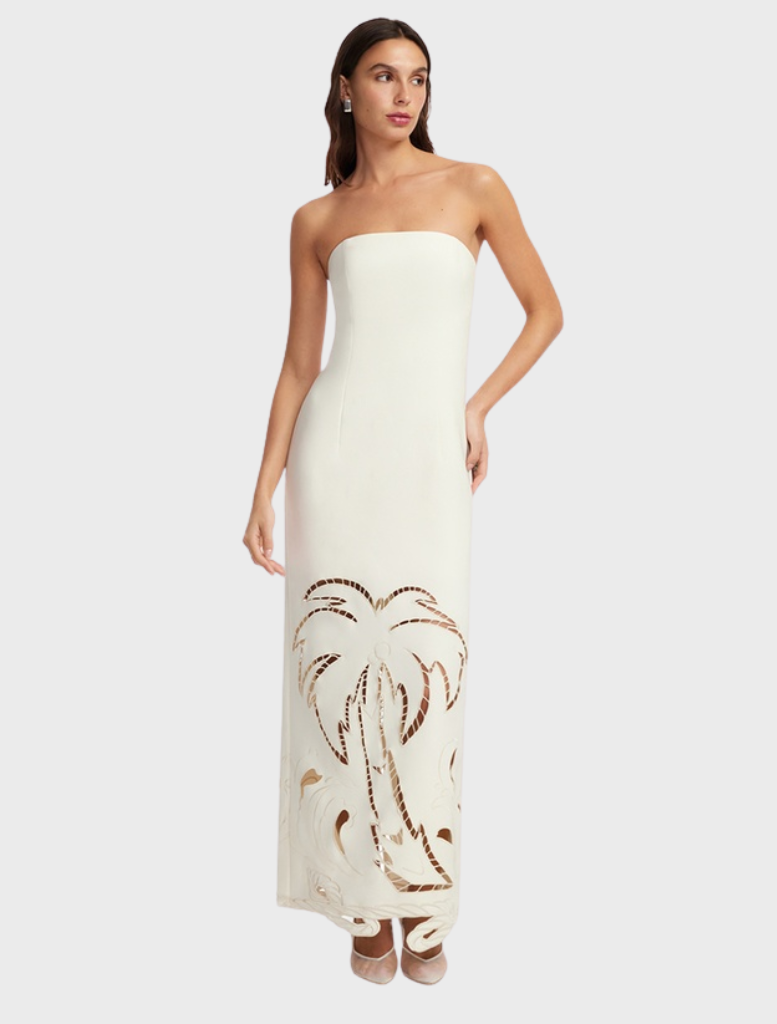 Ava Appliqué Bustier Maxi Dress in Vanilla, featuring a fitted bodice and flowing skirt with intricate appliqué details.
