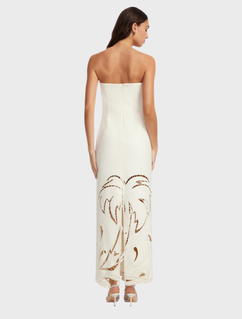 Chic vanilla maxi dress showcasing a decorative bustier appliqué, suitable for both daytime and evening wear.