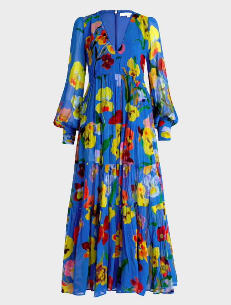 Awe Night Long Dress featuring a cobalt blue floral print on a flowing fabric.