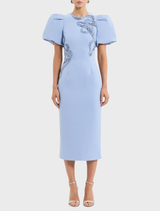 Aylin blue midi dress featuring puff sleeves, designed for a stylish and elegant look.