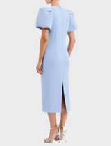 Aylin blue midi dress showcasing fashionable puff sleeves for a chic appearance.