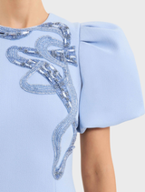 Stylish blue midi dress with puff sleeves, ideal for both casual and formal events.