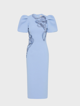 Aylin blue midi dress featuring puff sleeves, showcasing a stylish and elegant design suitable for various occasions.