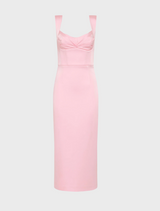 A pink dress featuring a v-neckline and thin straps, elegantly designed for a stylish look.