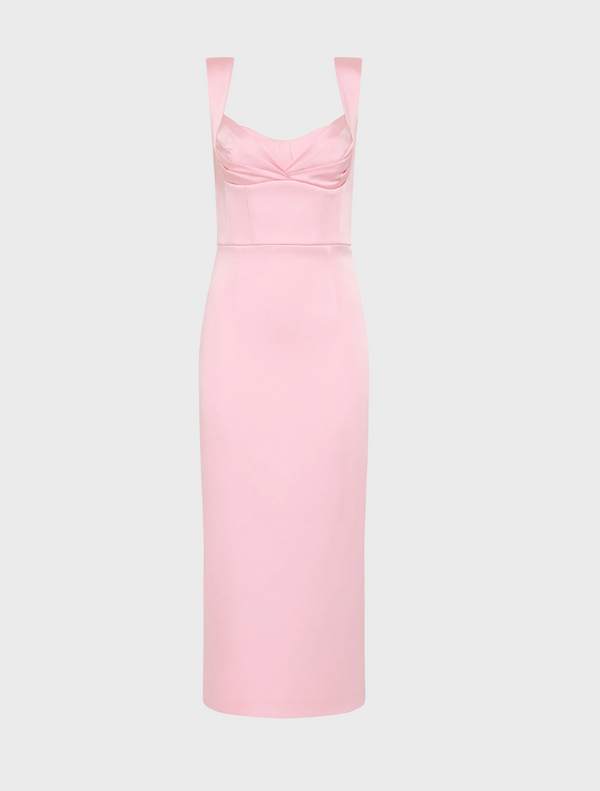 A pink dress featuring a v-neckline and thin straps, elegantly designed for a stylish look.