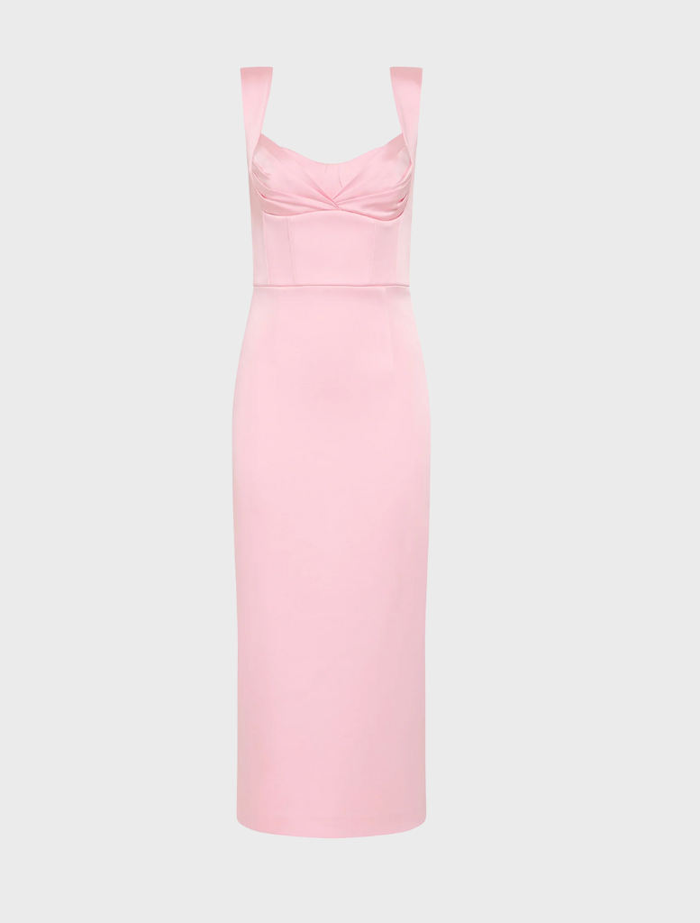 A pink dress featuring a v-neckline and thin straps, elegantly designed for a stylish look.