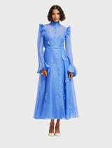 Azure midi dress featuring butterfly sleeves and intricate appliqué detailing for a stylish look.