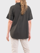 Mela Purdie Half Zip Shirt in Bark, designed with a zip collar, short sleeves, and breathable fabric for ultimate comfort.