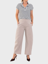 Stylish fawn Barrel Leg Pant crafted from Gravitene, offering a flattering fit, elastic waistband, and practical side pockets.