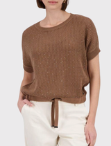 Brown Monari pullover with round neckline, short sleeves, open-knit fabric, and rhinestone details, featuring an adjustable drawstring hem.