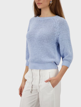 Casual light sky sweater adorned with basic ribbons, offering a stylish yet comfortable look.
