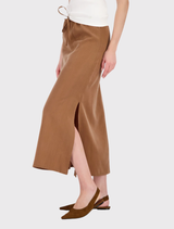 Silky-feel mocca midi skirt crafted from cotton and cupro, includes a drawstring waist and a fashionable side slit.