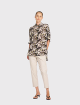 Villa Overshirt in Bayleaf, showcasing a relaxed silhouette, stand collar, and short dolman sleeves in soft silk crepe.