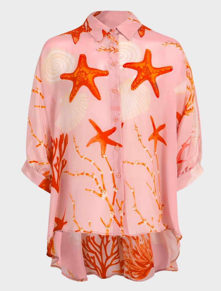 Pink shell shirt with a unique design featuring an open back, perfect for a stylish and trendy look.