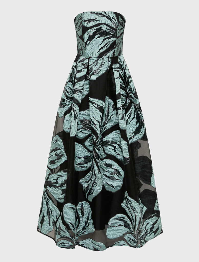 Black and turquoise floral print dress named Bella Gown - Mint Black, showcasing a vibrant and elegant design