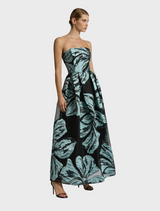 Elegant strapless Bella Gown in mint and black with floral pattern, floor-length evening dress for women