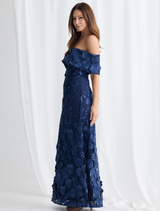 Elegant navy maxi dress with 3D floral design, off-shoulder sleeves, and a centre back zipper for easy wear.
