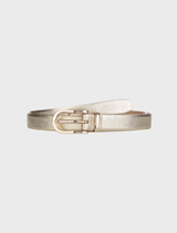 Women's gold belt featuring a sleek metal buckle, perfect for adding elegance to any outfit.