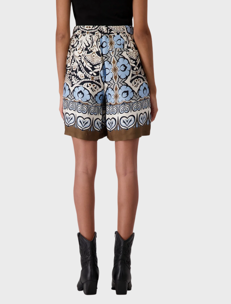 Black Bermuda pants with a unique ornament print, combining comfort and fashion for versatile styling.