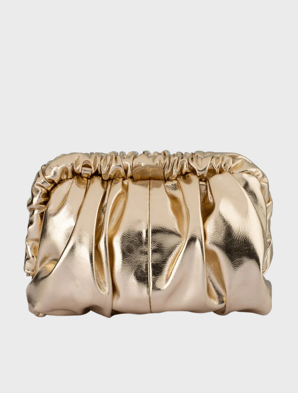 Shiny gold metallic clutch bag made from reflective fabric, showcasing a sleek and elegant design.