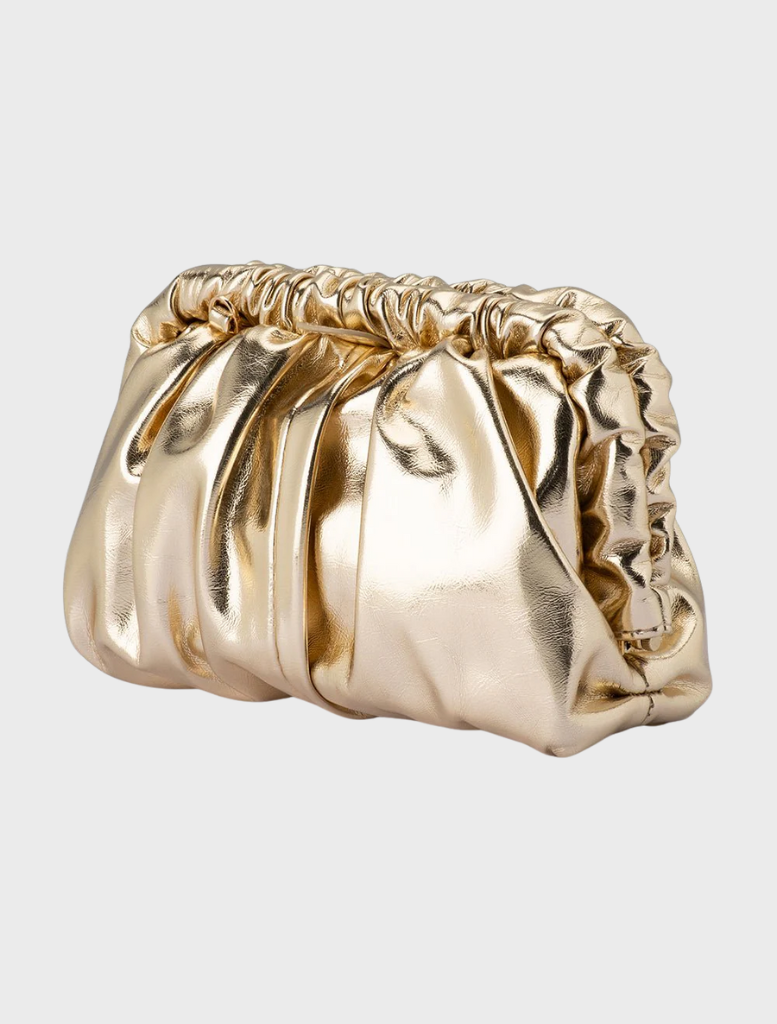  Shiny gold metallic clutch bag made from reflective fabric, showcasing a sleek and elegant design.