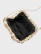 Elegant metallic clutch bag crafted from shiny gold fabric, perfect for formal occasions.