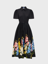 Bianca short sleeve midi dress in ebony, highlighted by a beautiful snapdragon print, combining elegance and comfort.