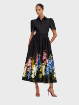 Bianca short sleeve midi dress featuring a snapdragon print in ebony color. Elegant and stylish design for various occasions.