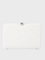 White clutch bag with a chain strap, designed with a textured handle for a chic and sophisticated appearance.