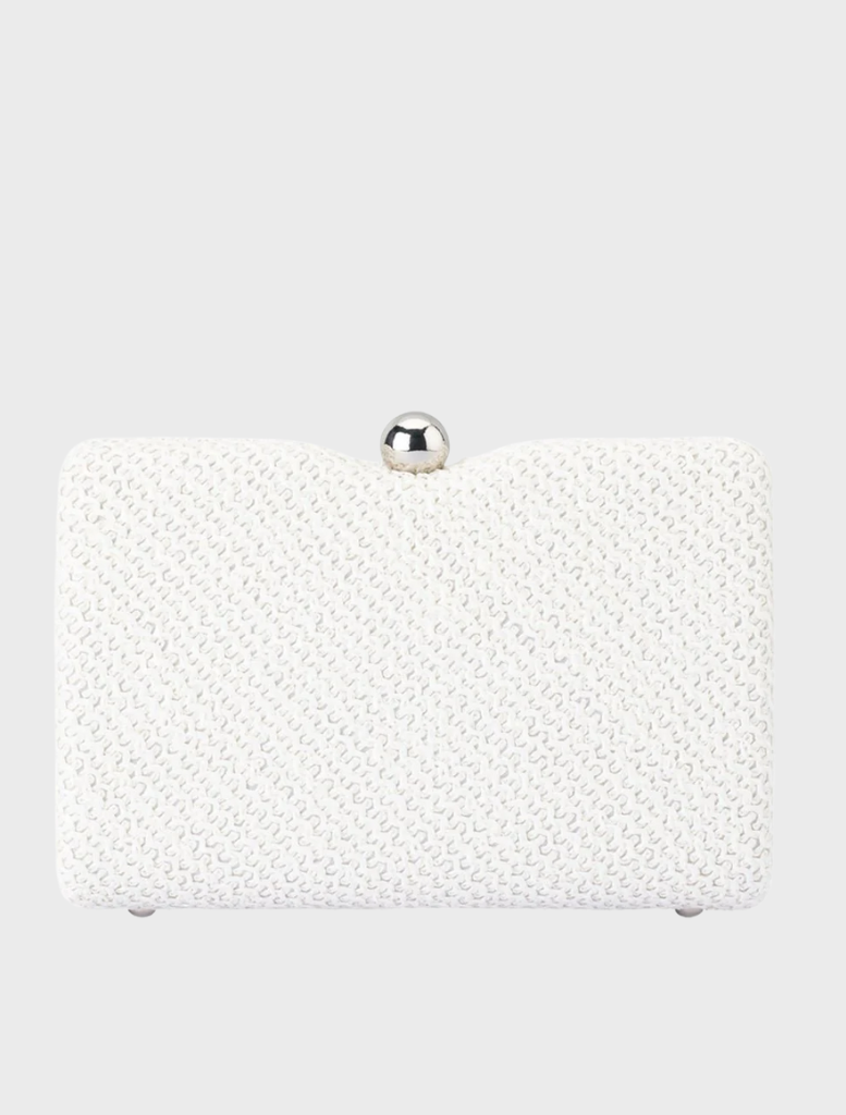 White clutch bag with a chain strap, designed with a textured handle for a chic and sophisticated appearance.