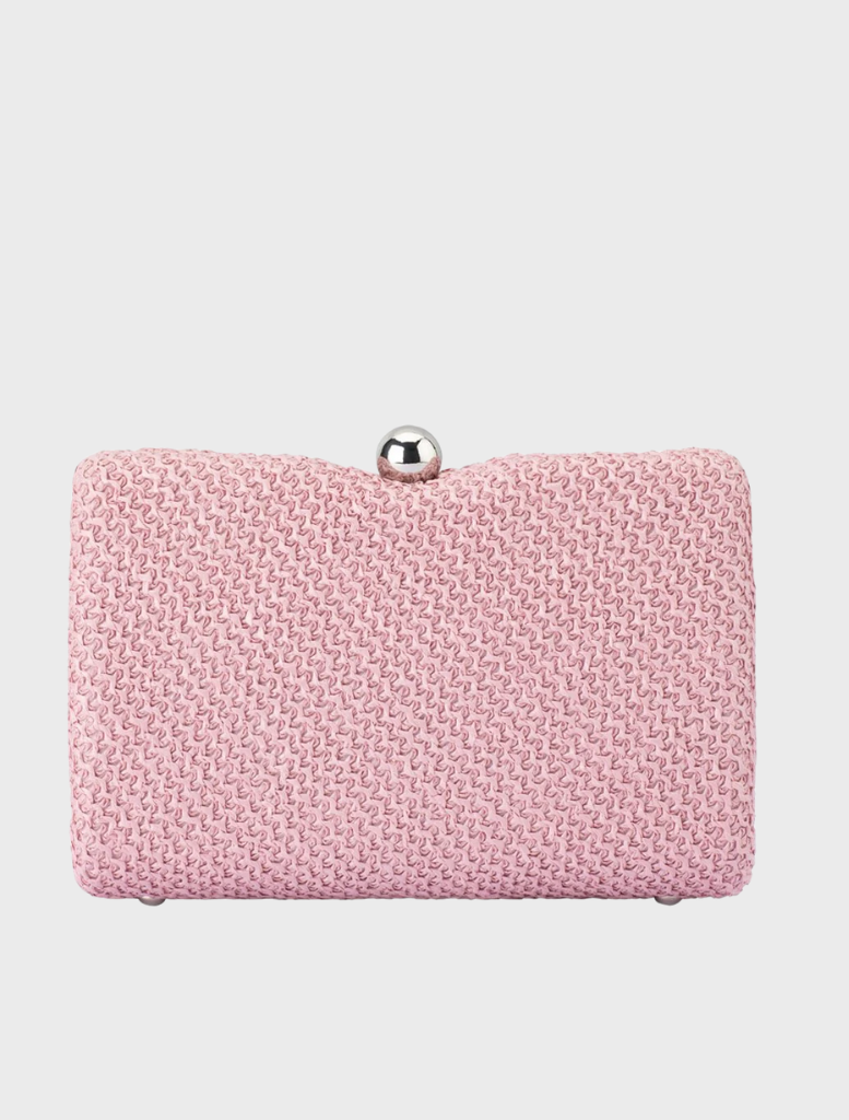 Stylish pink clutch bag with a chain strap, known as the Birdie Textural Handle Bag.