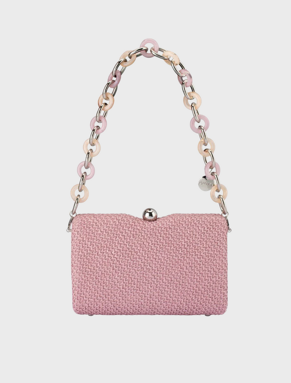 Pink woven fabric clutch bag with a textured handle, named Birdie Textural Handle Bag.