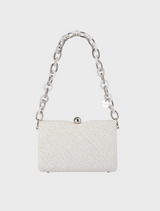 White woven fabric clutch bag, named Birdie Textural Handle Bag, showcasing a stylish and textured design.