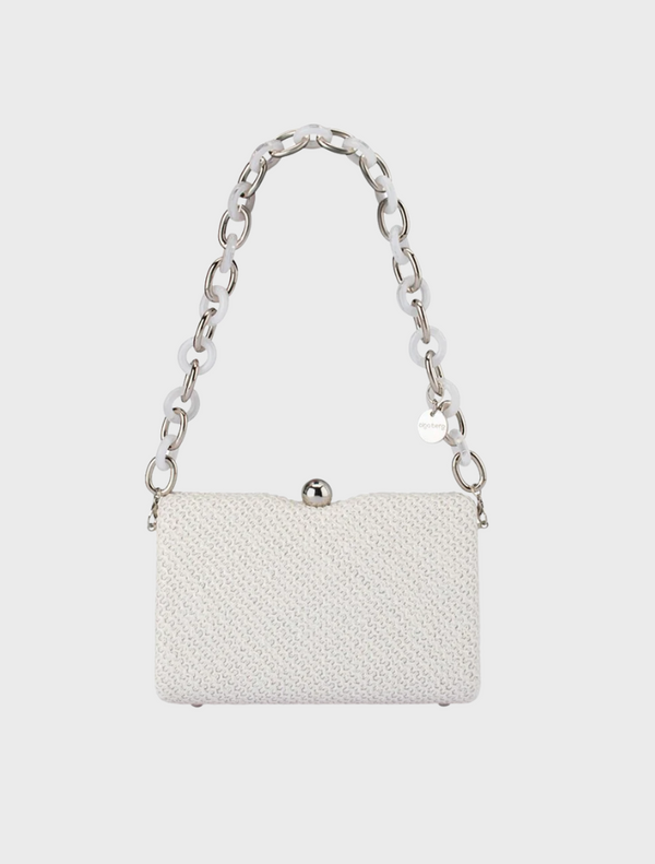 White woven fabric clutch bag, named Birdie Textural Handle Bag, showcasing a stylish and textured design.