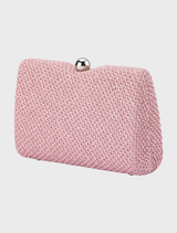 A pink clutch bag with a chain strap, featuring a textured handle for added elegance.