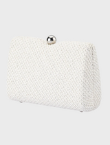 Elegant white clutch bag with a chain strap, featuring a textured handle for a stylish and modern look.