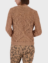 Appliqued flower blouse in biscotti color, featuring intricate floral designs and a stylish, feminine silhouette.