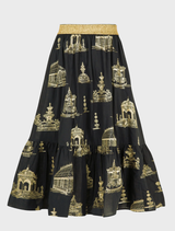 Stylish black and gold skirt featuring a whimsical pattern, perfect for adding flair to casual or formal ensembles.