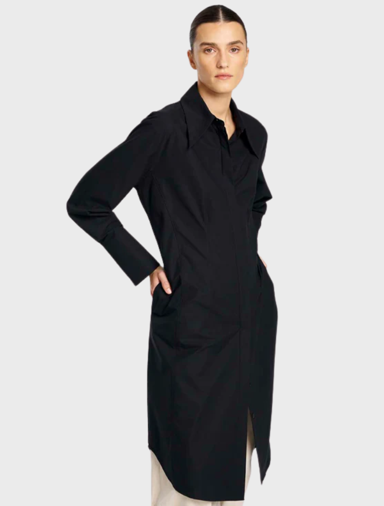 Tailored black shirt dress showcasing a fitted design, complete with a button-down front and short sleeves.
