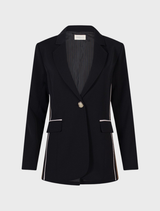 Black Cipher Blazer hanging, highlighting its structured silhouette and refined look ideal for business settings.