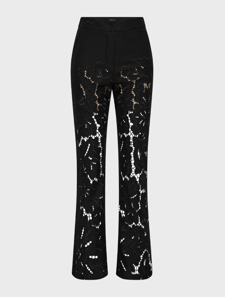 A pair of black Colette Pants laid flat, highlighting the tailored fit and smooth fabric.