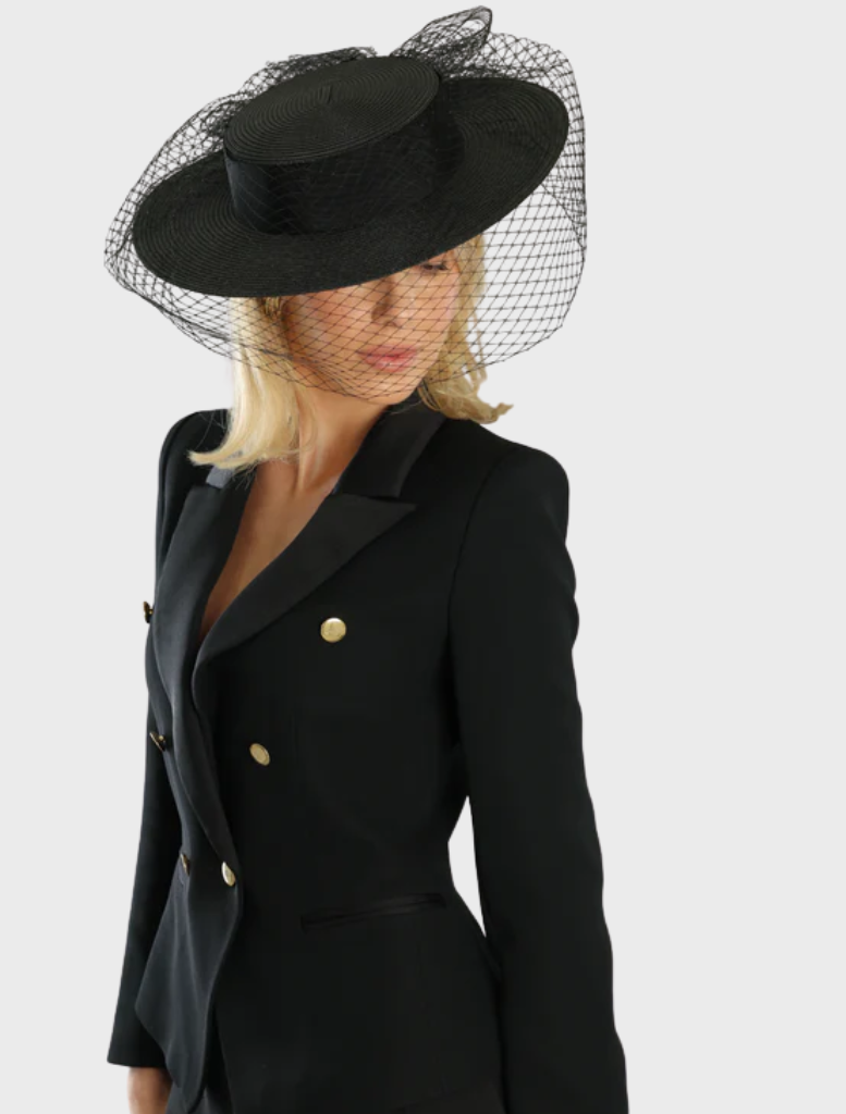 Elegant black boater hat by Danika Racewear, featuring a wide brim for sun protection and a fashionable look.